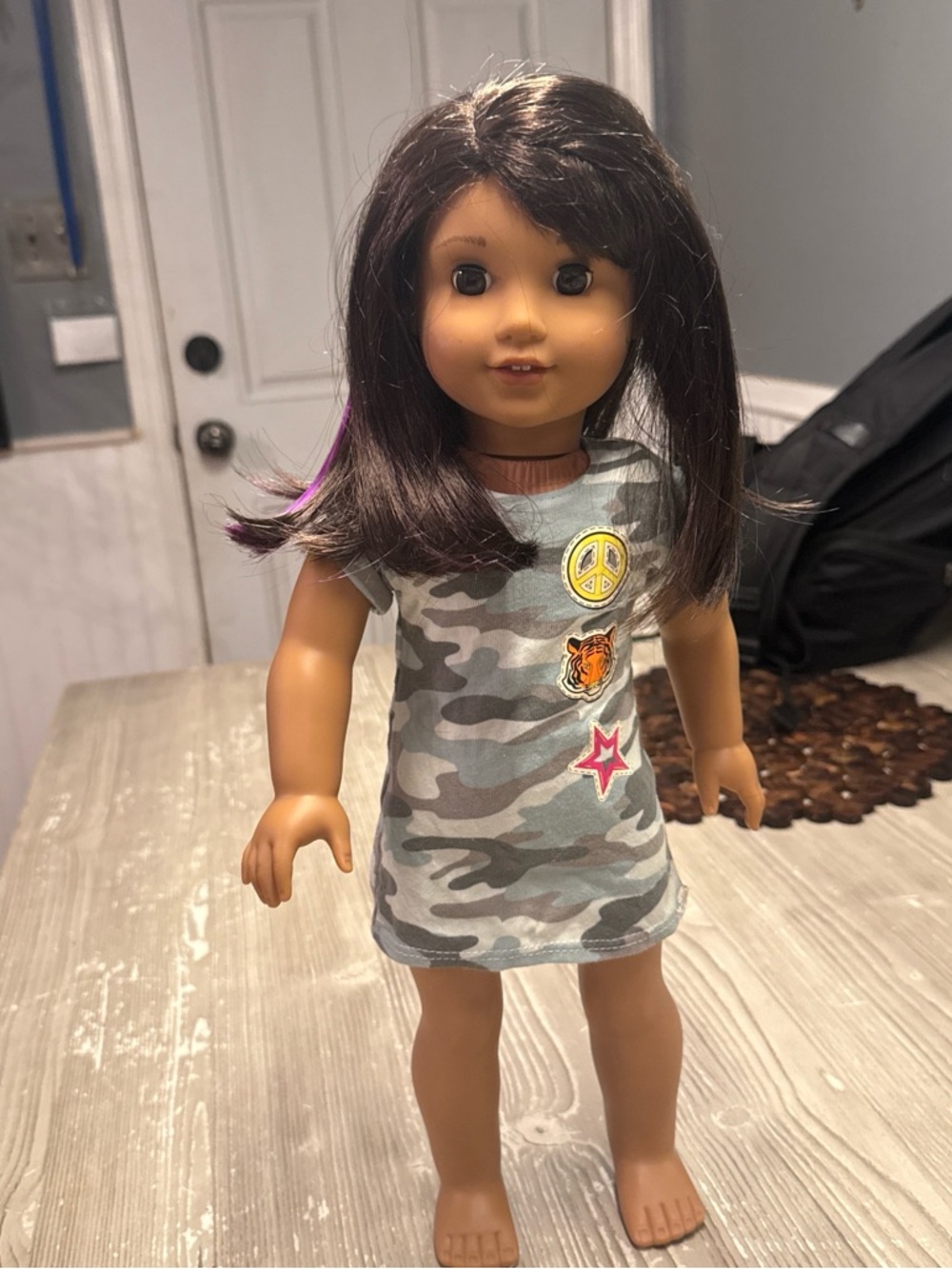 American Girl Doll in Gray & Green Camo Dress with Patches